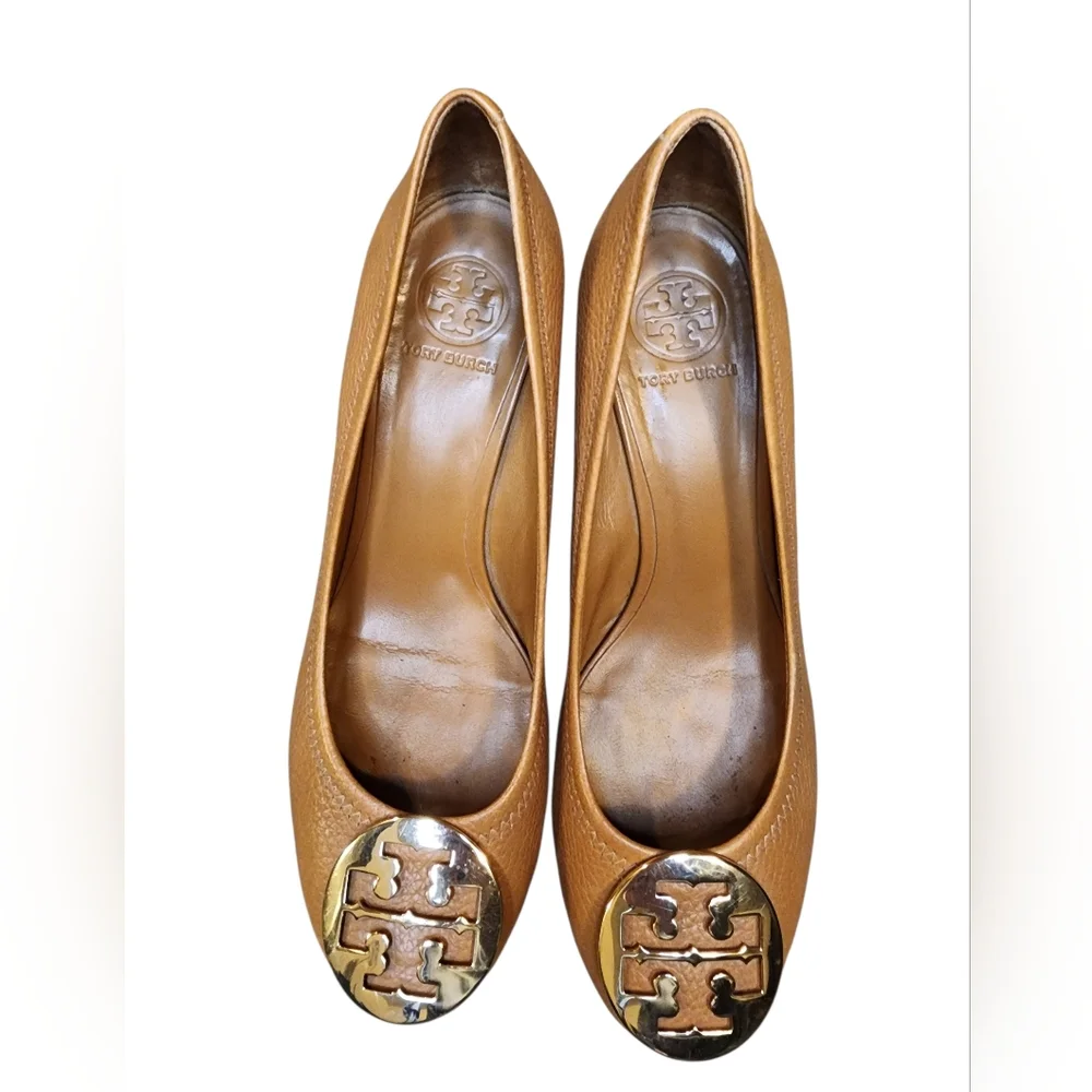 Tory Burch Sally Wedge Pumps - Tan Leather, Size 9.5M